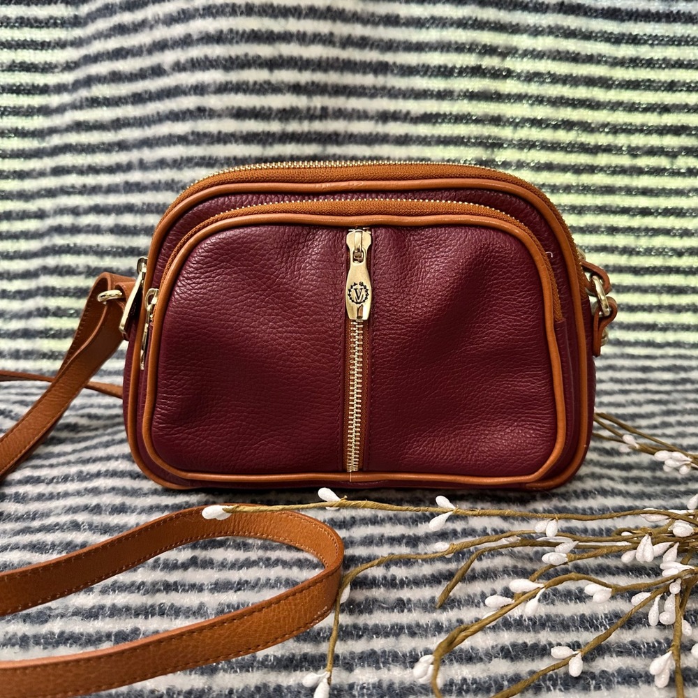Valentina Italian Leather Burgundy/Tan Crossbody Shoulder Bag‎ Multizip Small